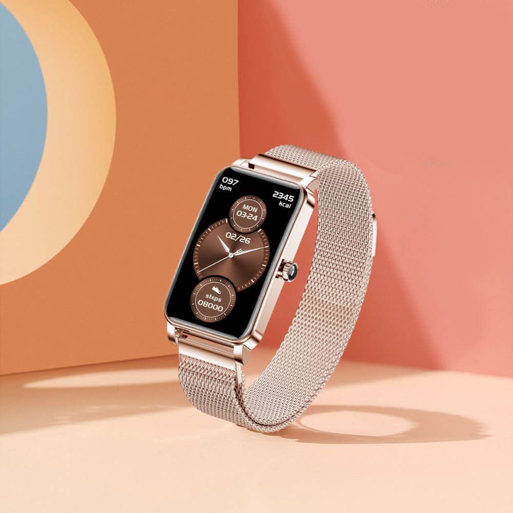 Rose gold smartwatch with mesh strap