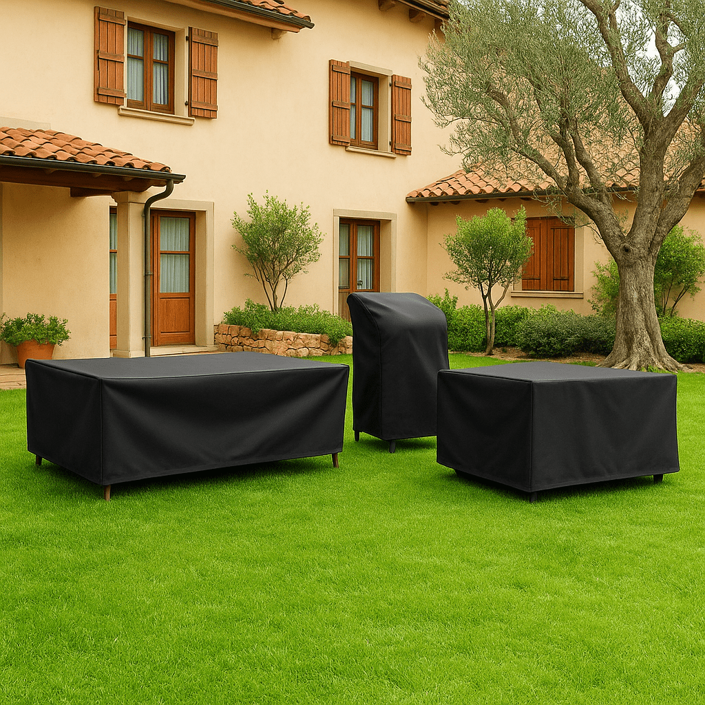 Covered garden furniture on a lawn in front of a house