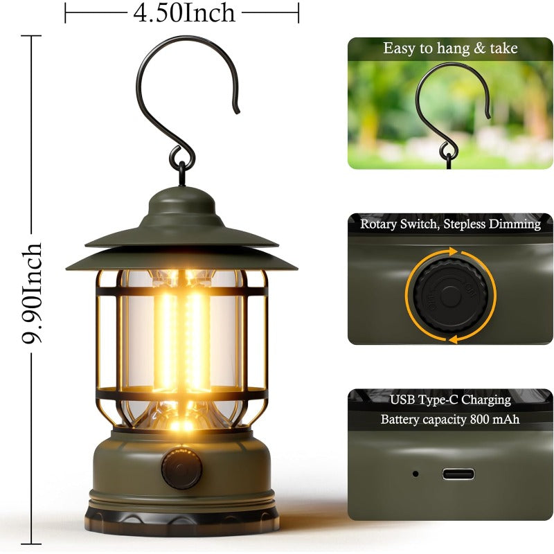 Linterna LED de camping retro - Recargable, diseño de huracán de 360 grados