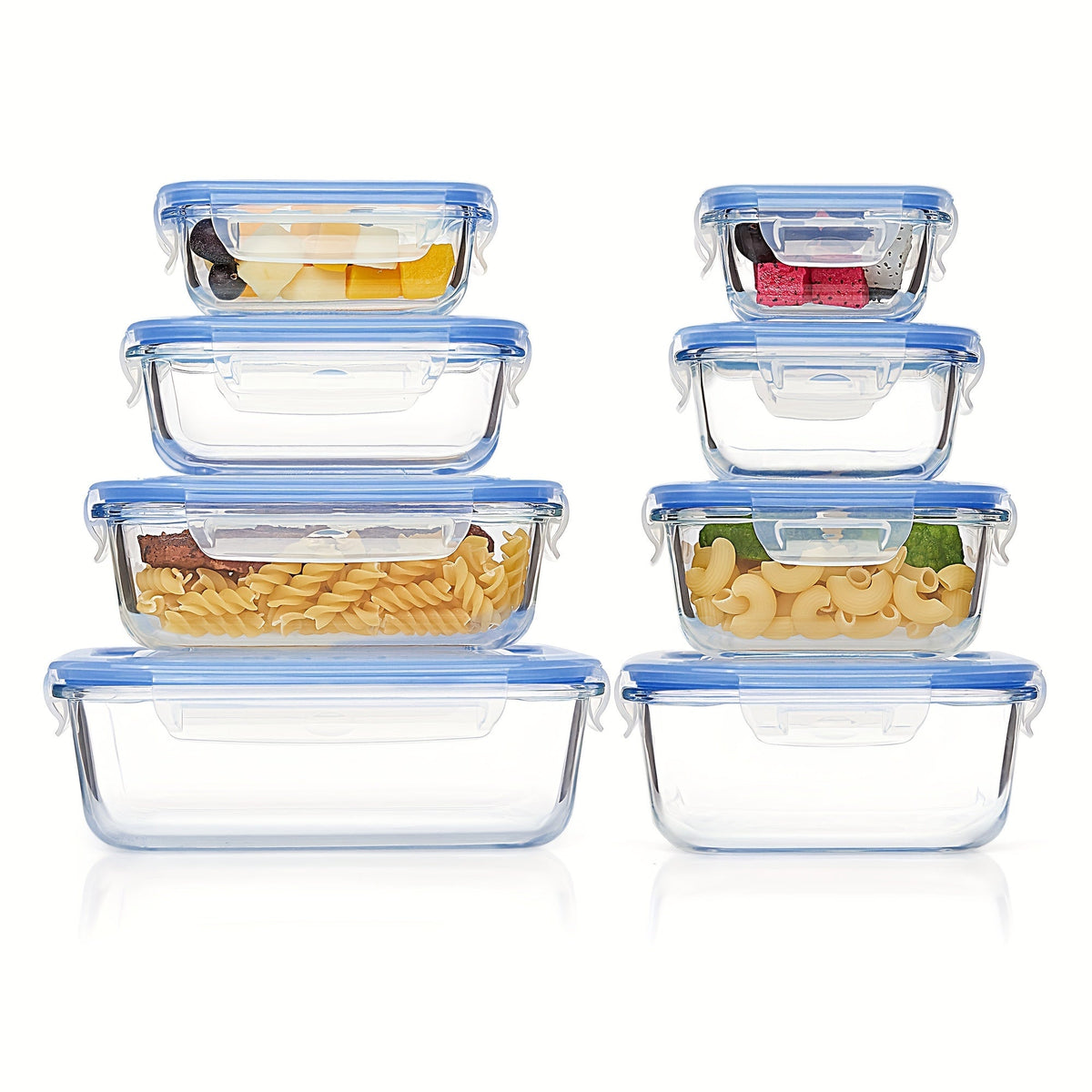 Set de 8 recipientes de vidrio para guardar alimentos — Cajas bento herméticas, tapas con cierre a prueba de fugas, aptos para horno, congelador, microondas y lavavajillas, sin BPA