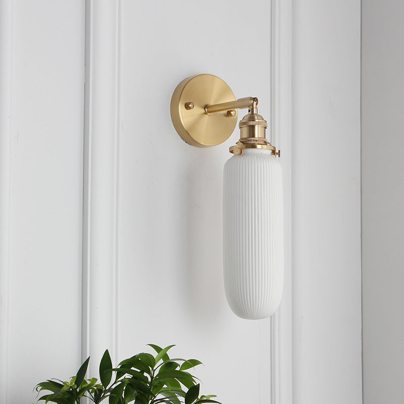 1-Light Brass and Lucite Sconce — Japanese Retro Minimalist Cylinder and Oval Design