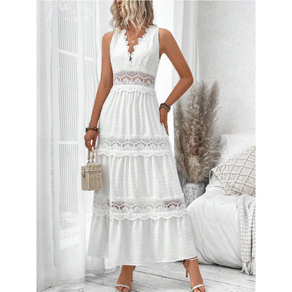 Robe sans manches pour femme à col en V avec dentelle cousue