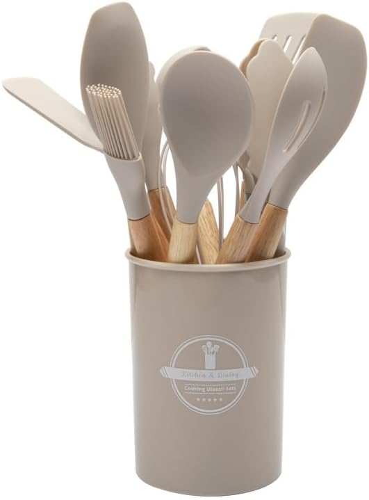 Silicone Kitchen Utensil Set – Heat Resistant, Nonstick Safe, Wooden Handles