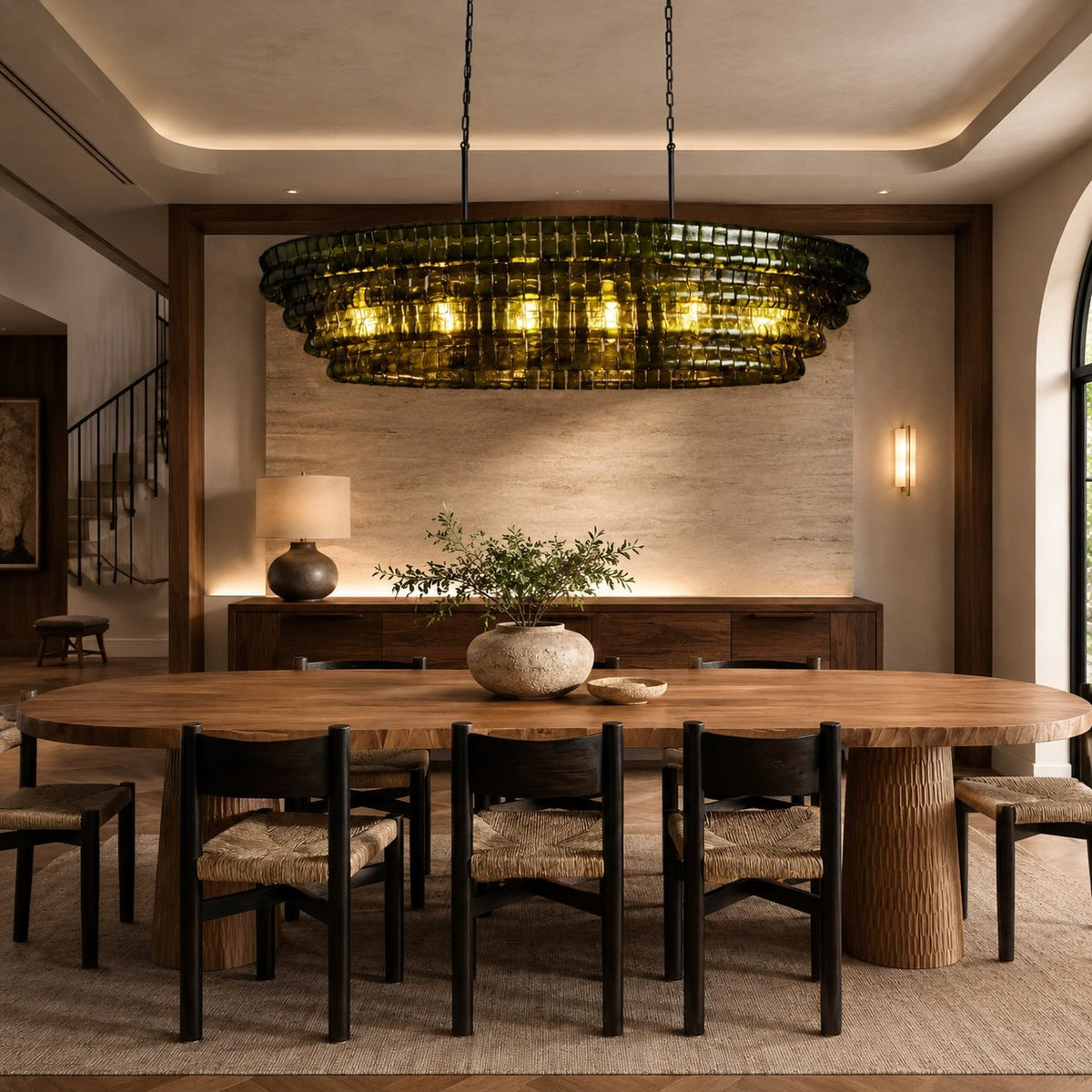 Modern oval takkrona — justerbar sänkhöjd, stålram och böjt glas, alternativ med 5 eller 12 glödlampor