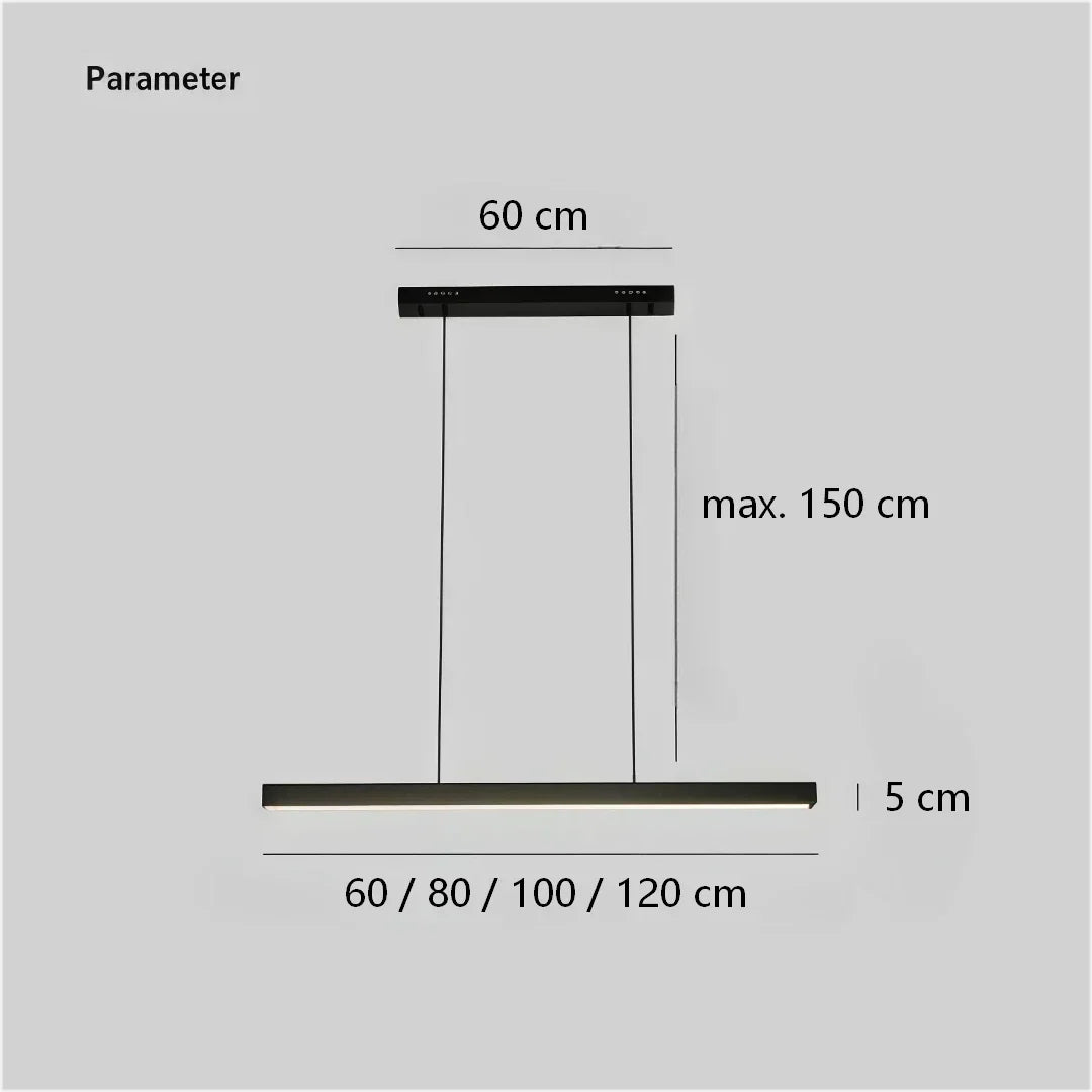 Minimalistické lineární stmívatelné kovové závěsné světlo do jídelny | boxzora