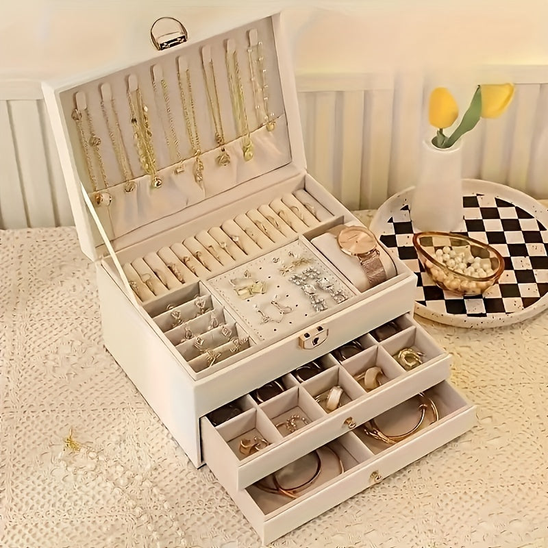 Cutie premium din piele pentru organizarea bijuteriilor — compartimente cu sertare multiple