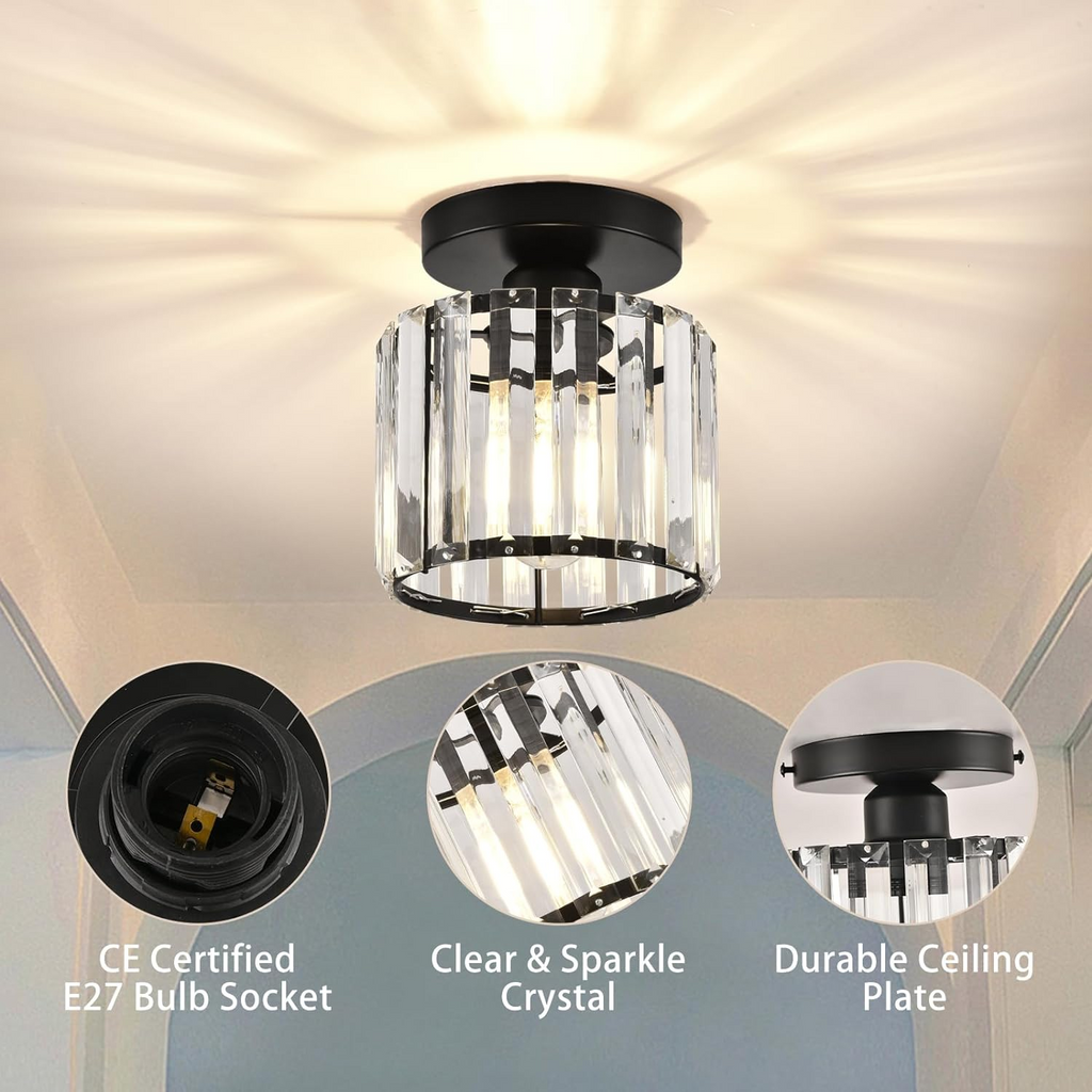 Crystal Glass Ceiling Light — Compact Design, Brass Fixture