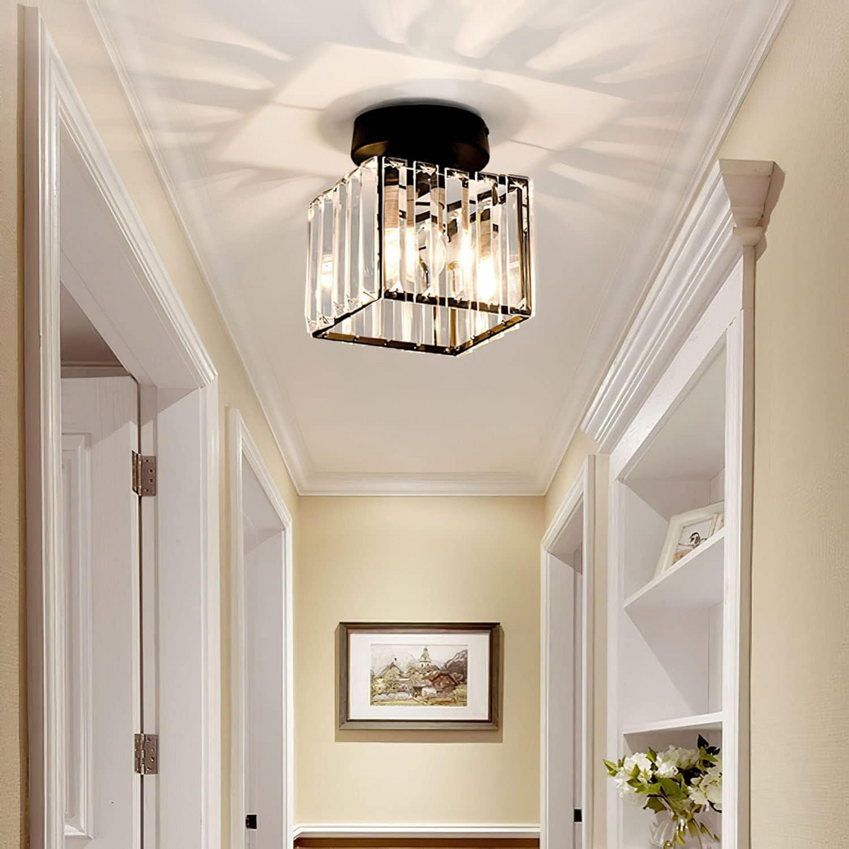 Crystal Glass Ceiling Light — Compact Design, Brass Fixture