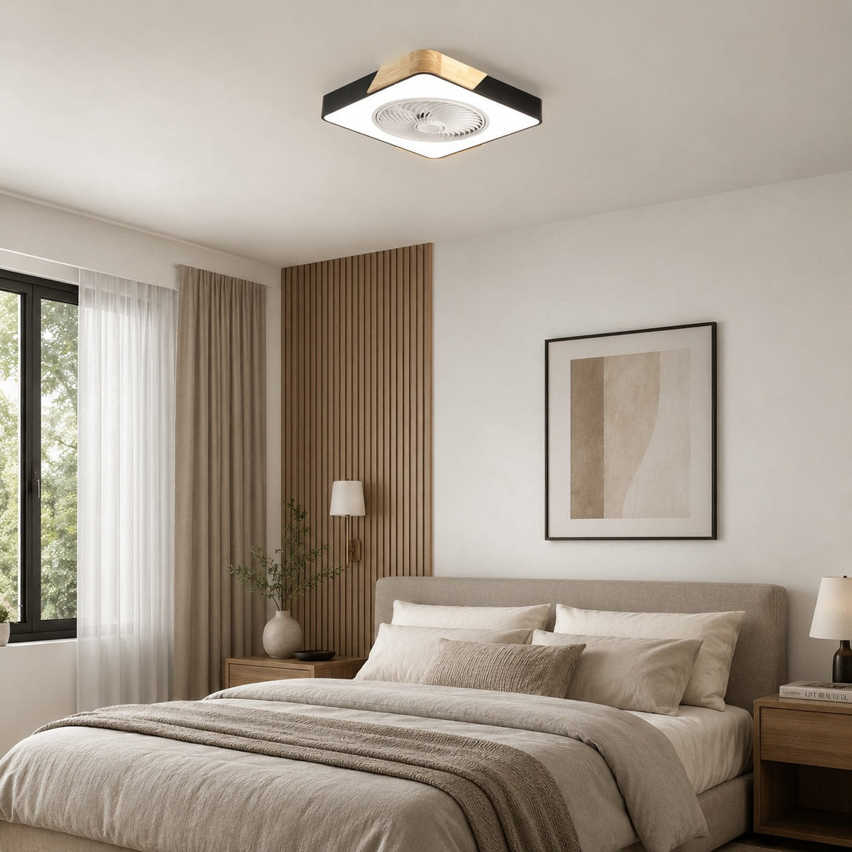 Moderní bezlopatkový stropní ventilátor — železný rám pro přisazenou montáž, integrovaná LED světla, stmívatelný, nastavitelná teplota chromatičnosti