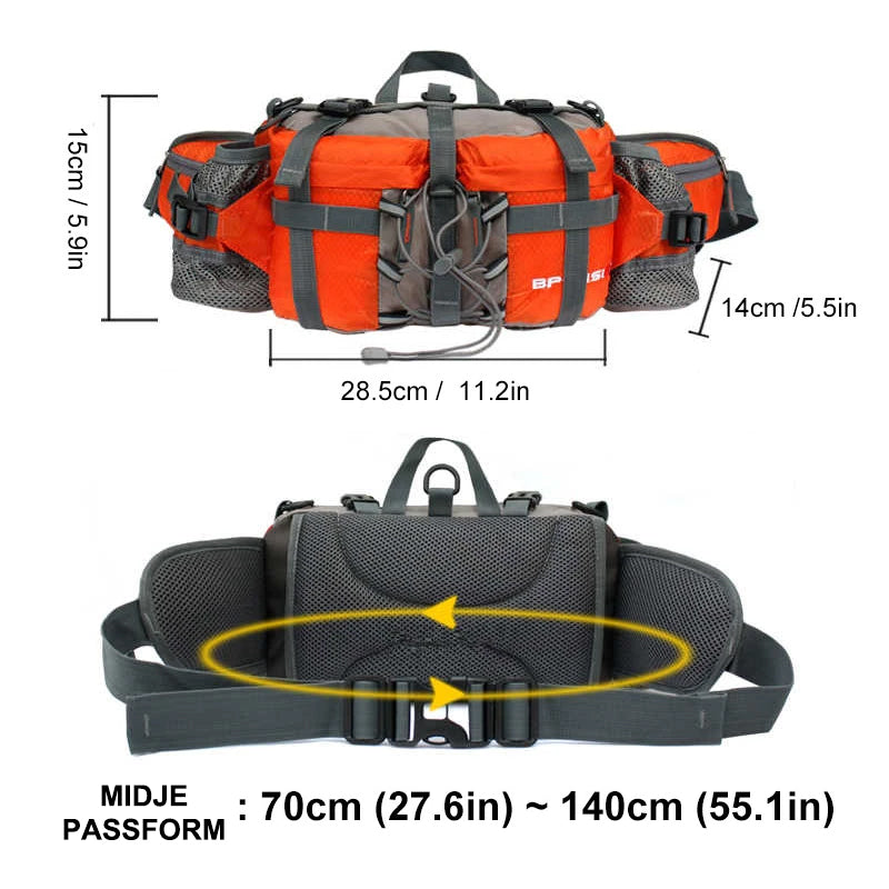 Adjustable Nylon Hiking Waist Pack — 26–50in Strap, Breathable Mesh Pad, 11x5x6in