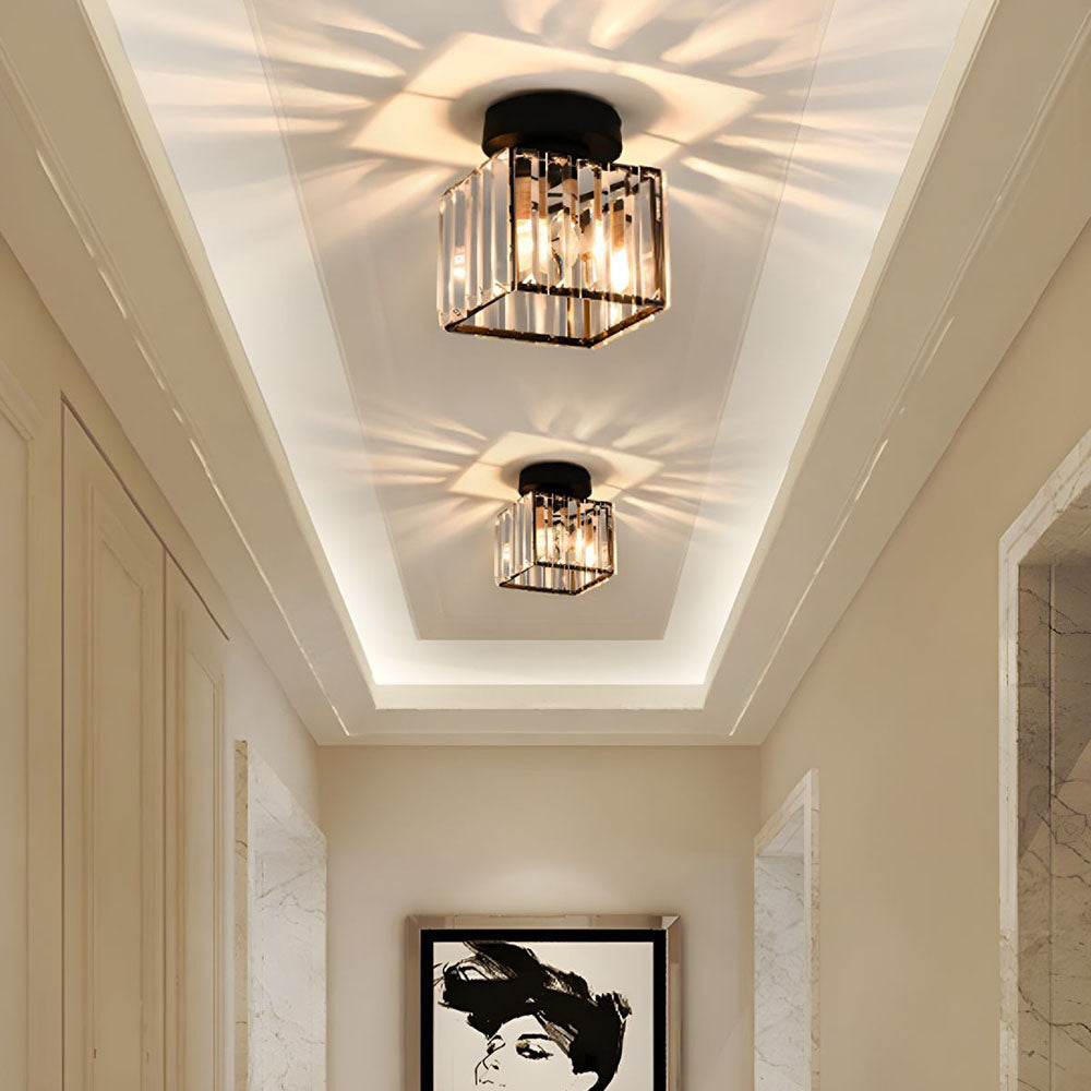 Crystal Glass Ceiling Light — Compact Design, Brass Fixture