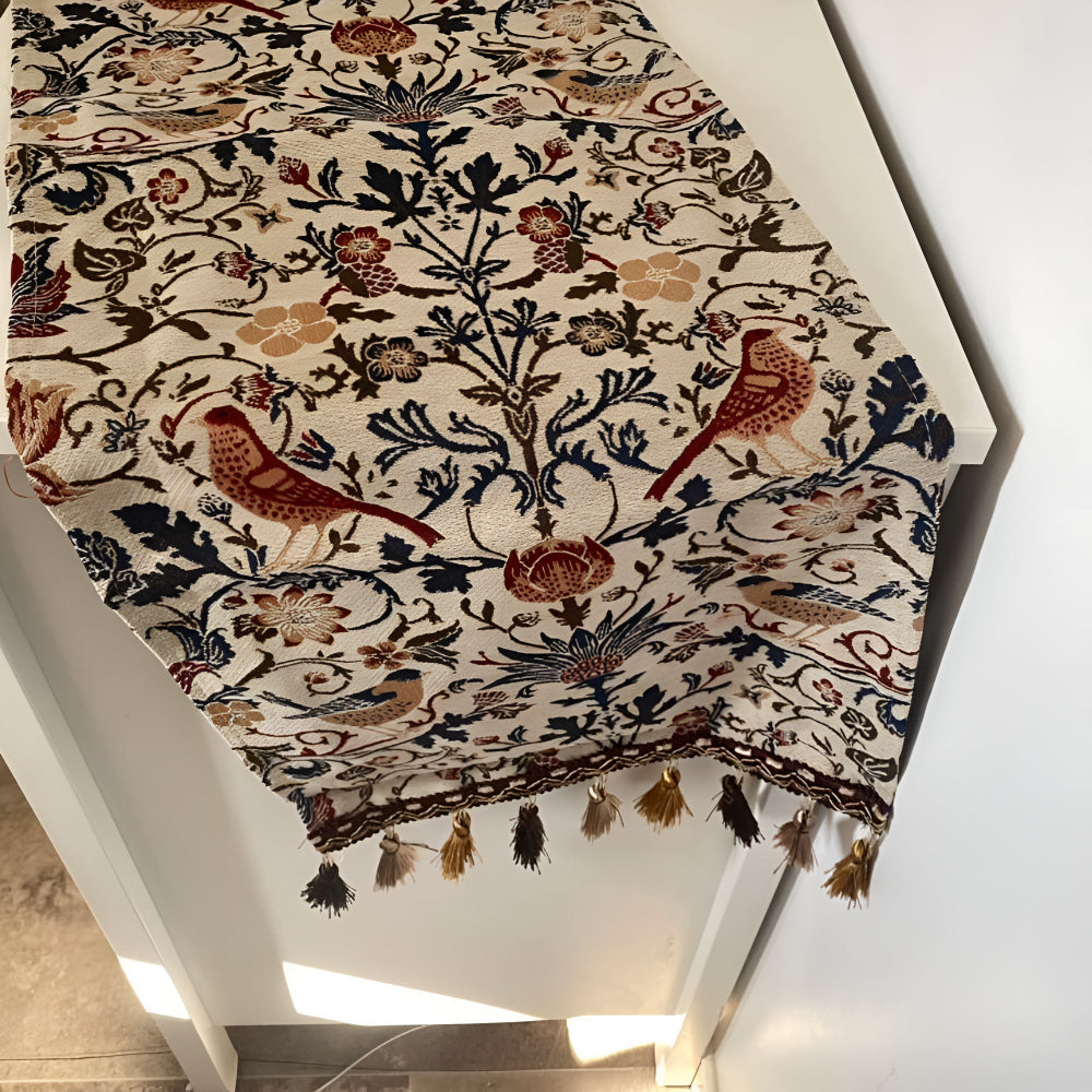Floral & Bird Jacquard Table Runner — Vintage Motif