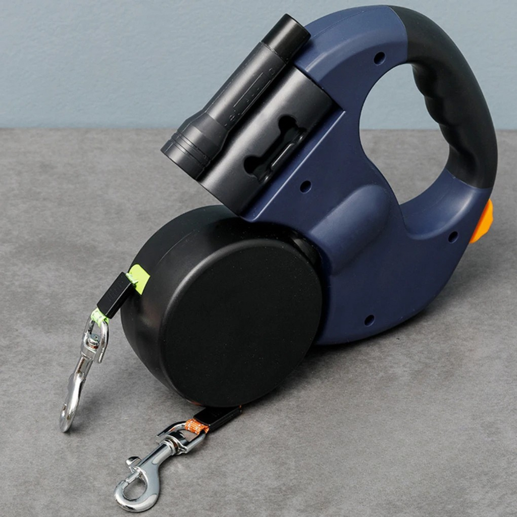 Infällbart dubbelt hundkoppel – trasselfri design, inbyggd LED-lampa