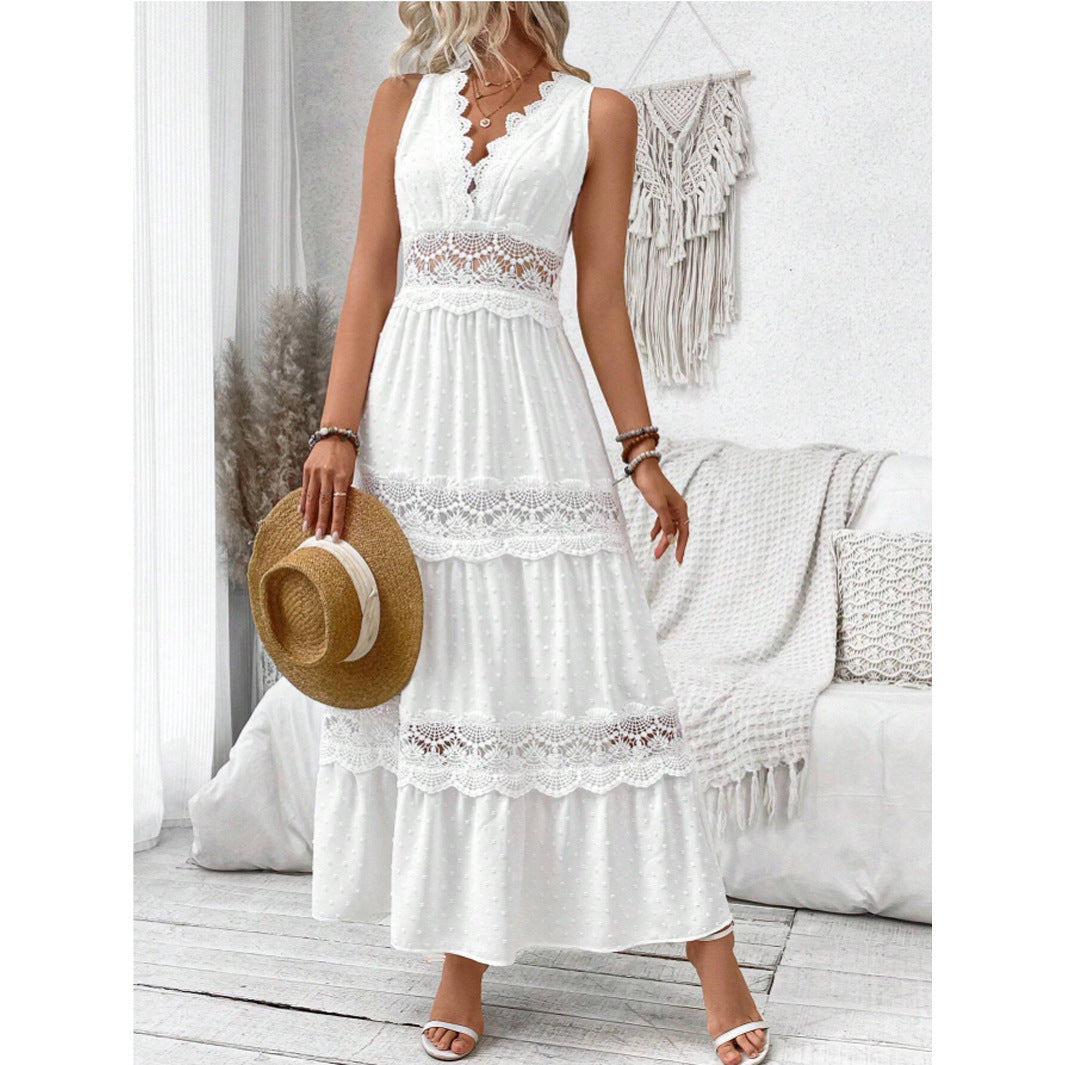 Robe sans manches pour femme à col en V avec dentelle cousue