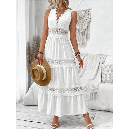 Robe sans manches pour femme à col en V avec dentelle cousue