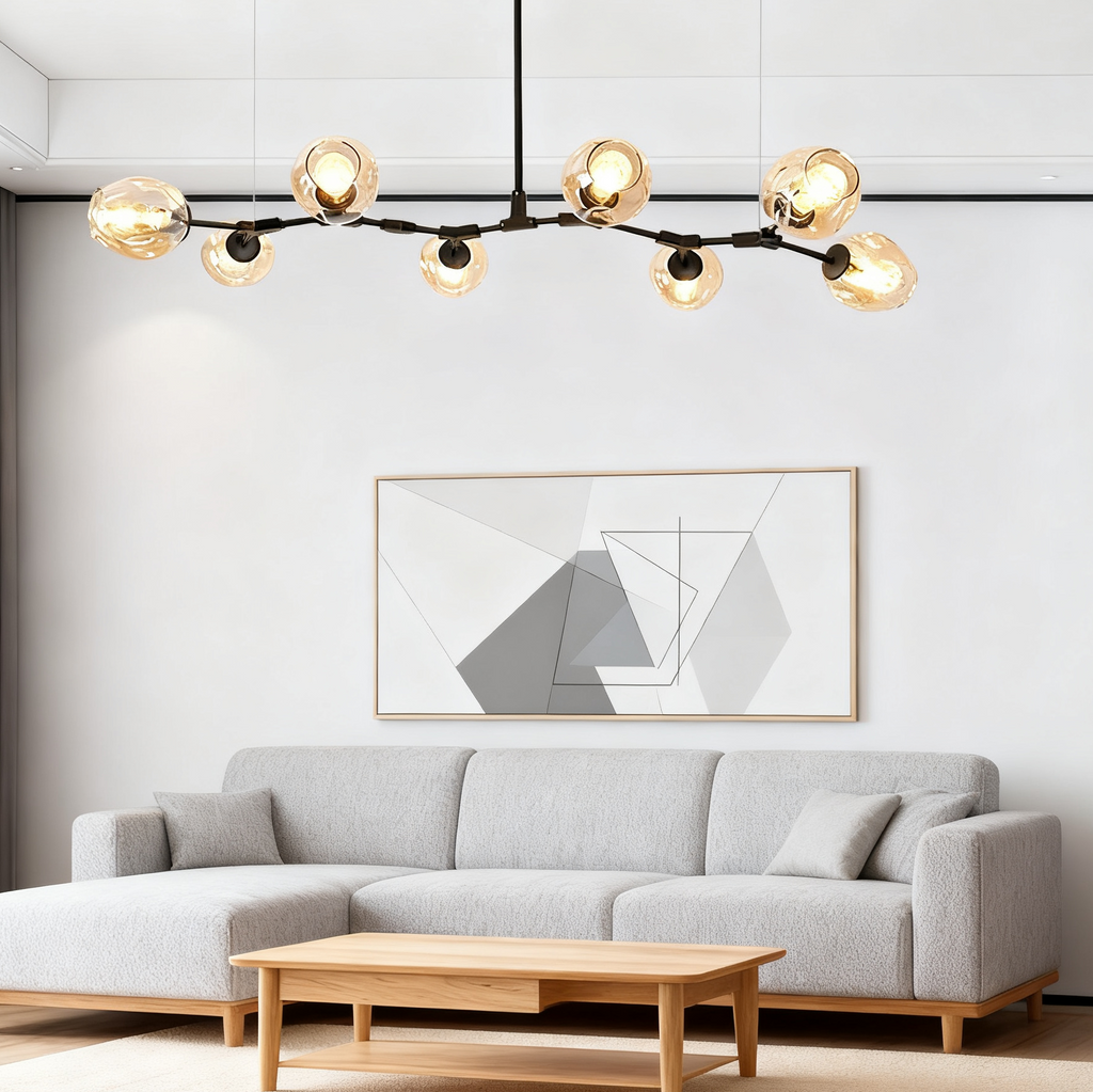 Żyrandol ze szklanymi kloszami w kształcie rozgałęzionych baniek, w stylu mid-century, z regulowanymi ramionami, do salonu | boxzora