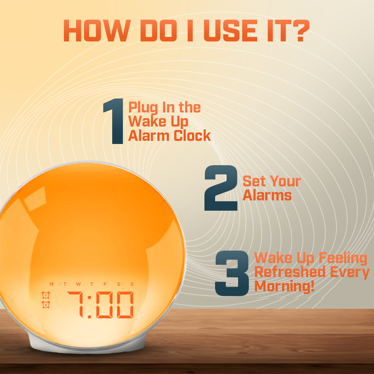 Wake-Up Sun Lamp Alarm Clock — Gradual Sunrise Glow, Customizable Sounds