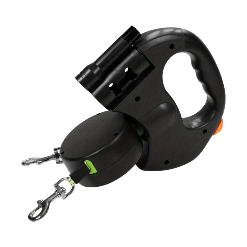 Infällbart dubbelt hundkoppel – trasselfri design, inbyggd LED-lampa
