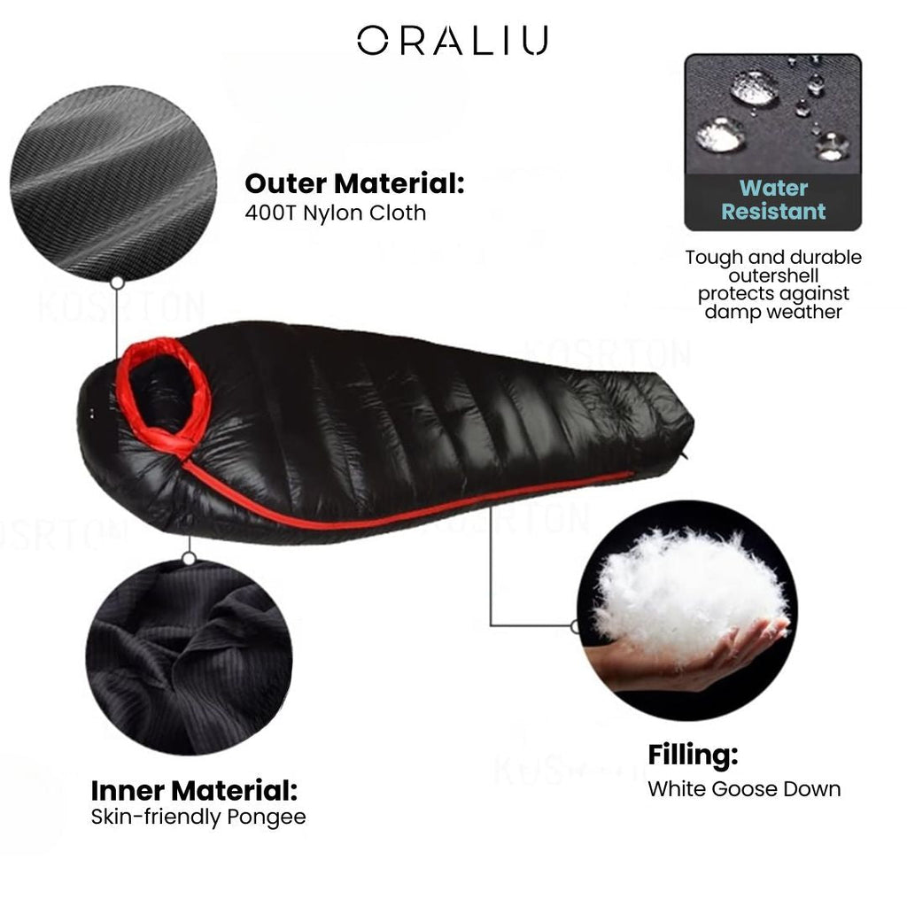 Sac de dormit izolat cu puf, certificat pentru -20°C — înveliș din nailon ripstop 400T, construcție tehnică