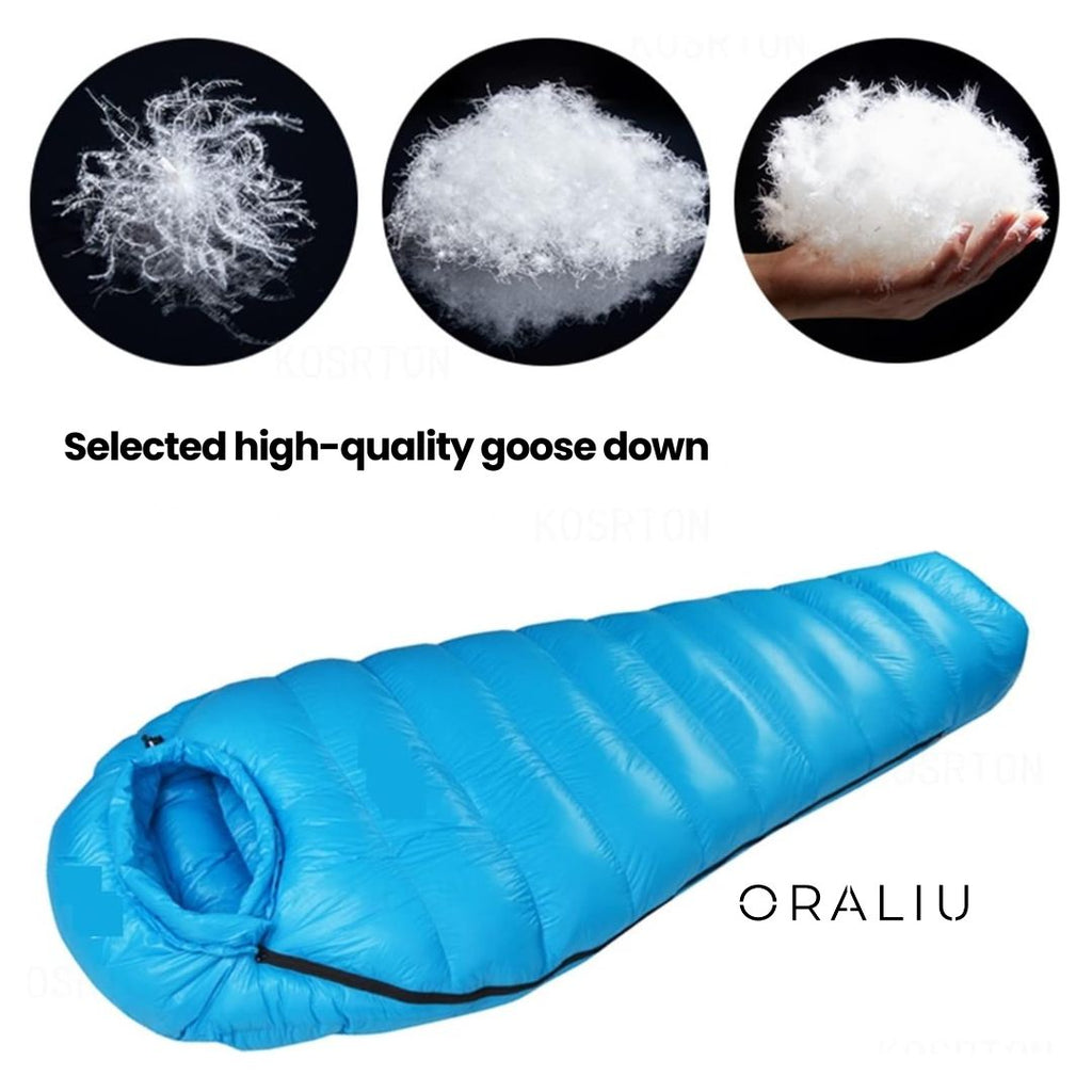Sac de dormit izolat cu puf, certificat pentru -20°C — înveliș din nailon ripstop 400T, construcție tehnică