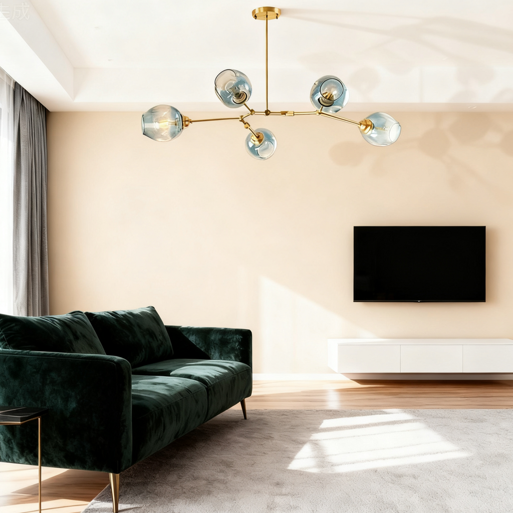 Żyrandol ze szklanymi kloszami w kształcie rozgałęzionych baniek, w stylu mid-century, z regulowanymi ramionami, do salonu | boxzora