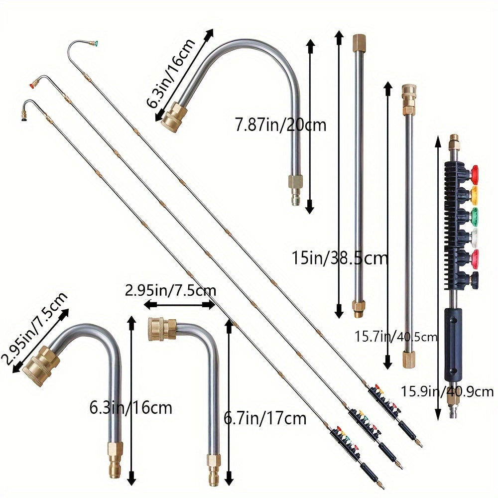 10 件装高压清洗机延长杆套件 – 4000 PSI、1/4 快速接头、6 个喷嘴配件、30/90/120 度弯曲排水槽清洗杆