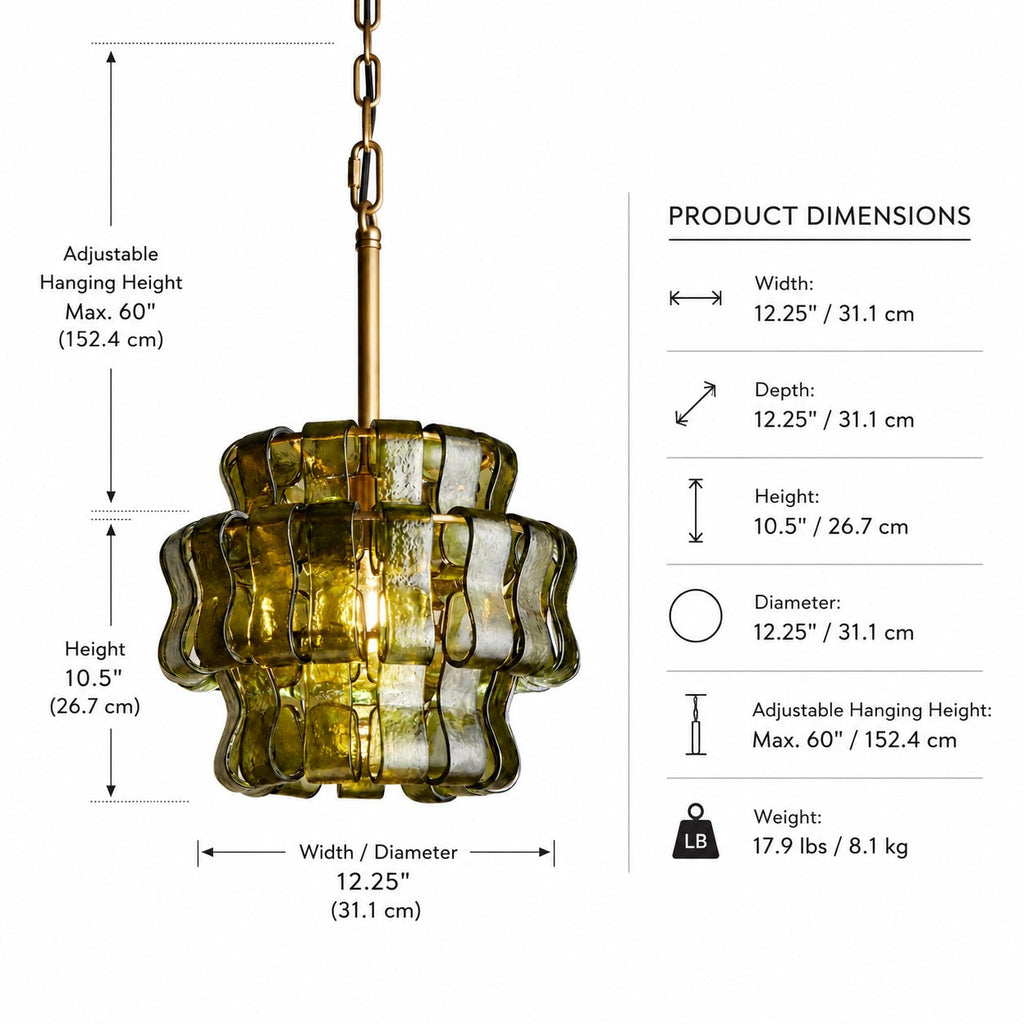 Modern Green Tiered Glass Pendant Light — Brass Hanging Fixture, Adjustable Height