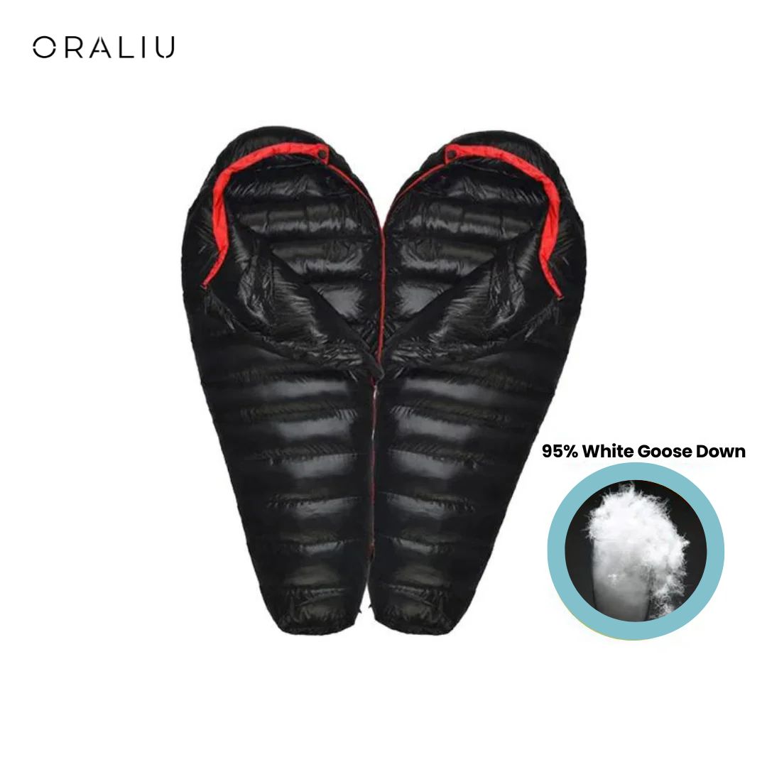 Sac de dormit izolat cu puf, certificat pentru -20°C — înveliș din nailon ripstop 400T, construcție tehnică