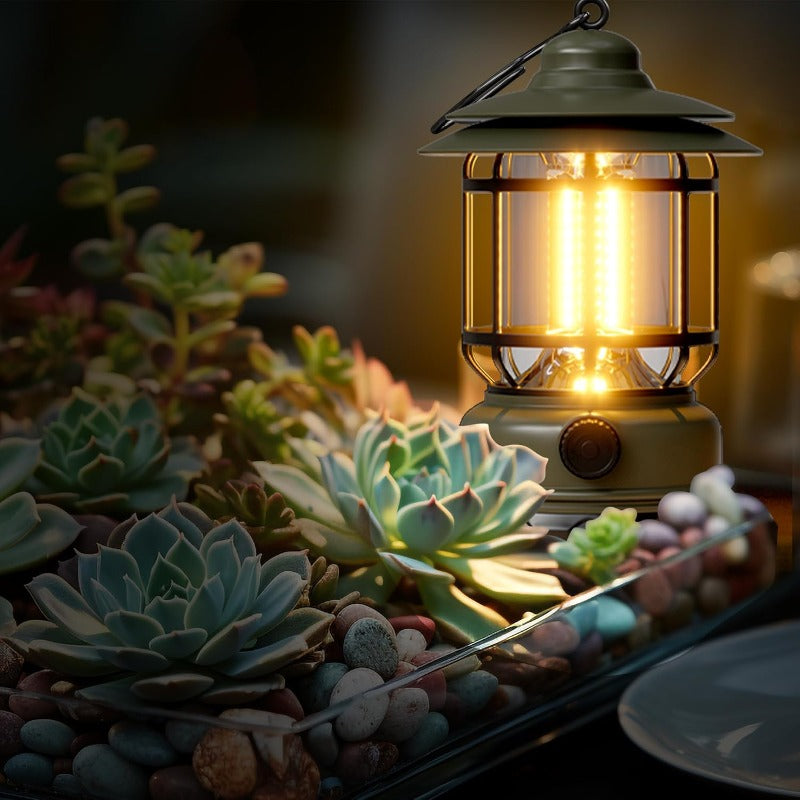 Linterna LED de camping retro - Recargable, diseño de huracán de 360 grados