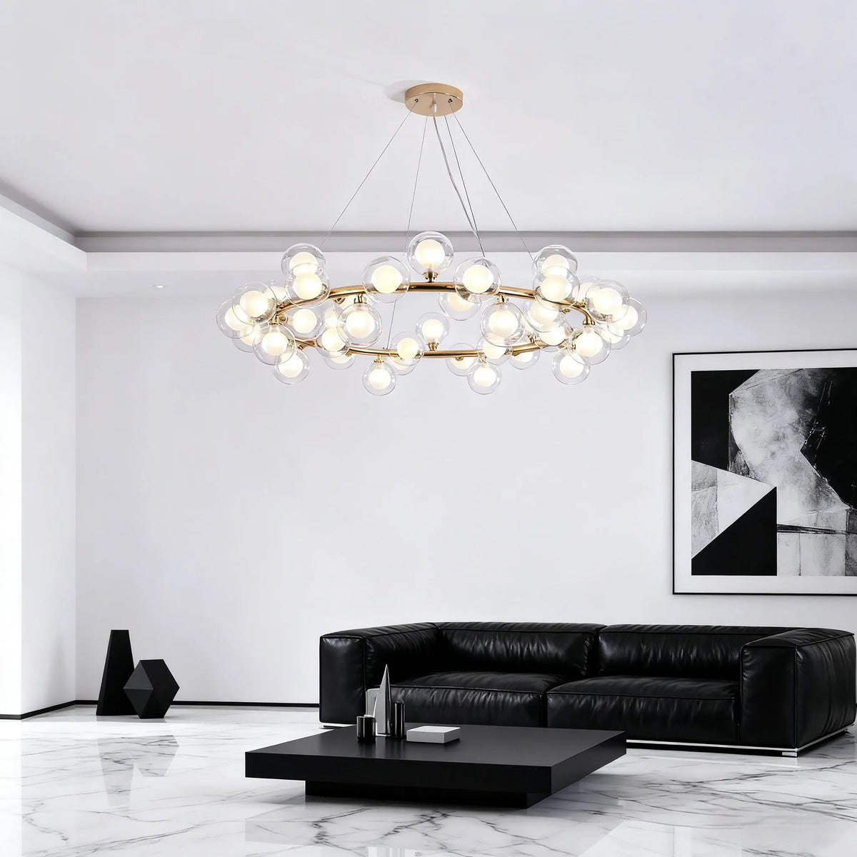 Candelabru modern tip baloane din sticlă aurie, reglabil pentru sufragerie | boxzora