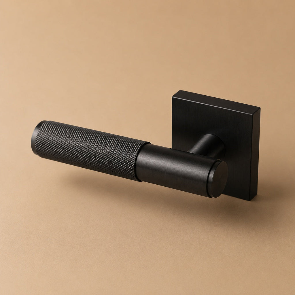 Modern Brass Door Handle — Knurled Grip, Square or Round Rosette, Smooth Cycle Hardware