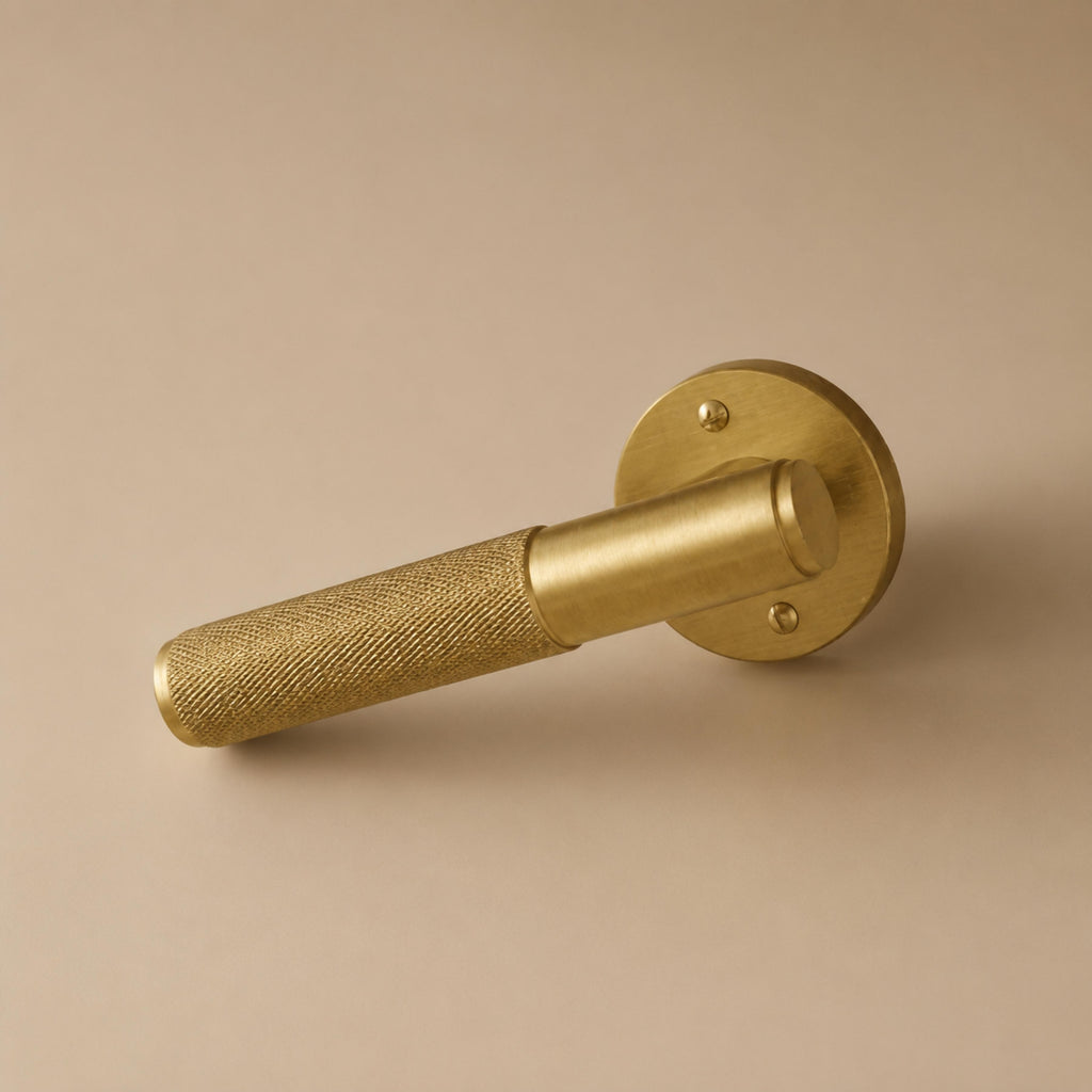 Modern Brass Door Handle — Knurled Grip, Square or Round Rosette, Smooth Cycle Hardware
