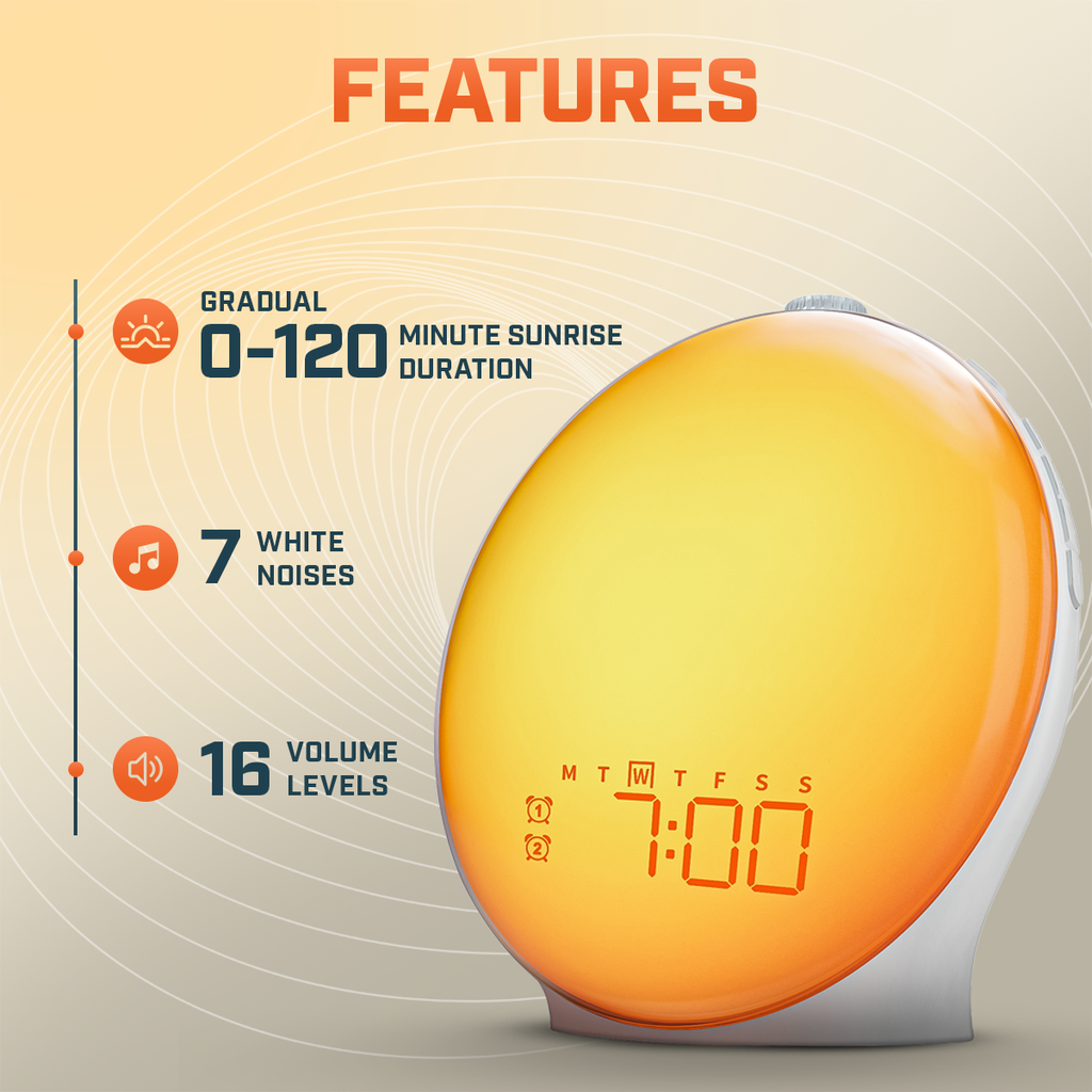 Wake-Up Sun Lamp Alarm Clock — Gradual Sunrise Glow, Customizable Sounds