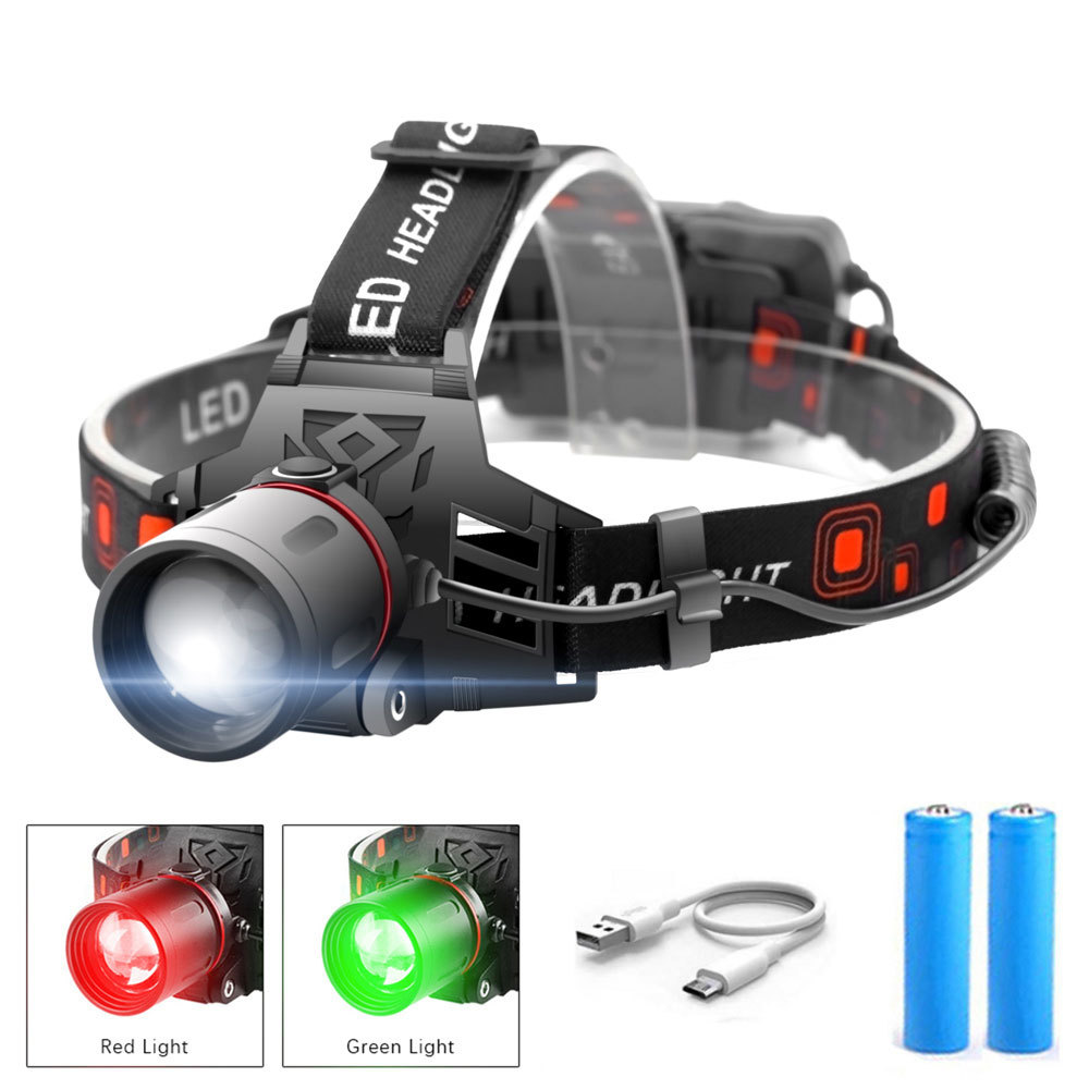Lampe frontale LED rechargeable puissante - modes d'éclairage blanc, rouge et vert, chargement USB, fonctionnement sur batterie