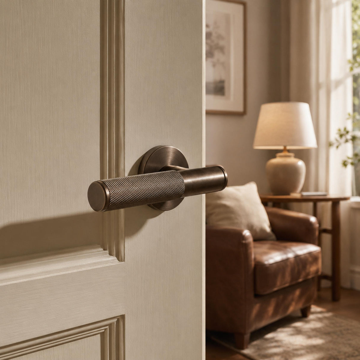 Modern Brass Door Handle — Knurled Grip, Square or Round Rosette, Smooth Cycle Hardware