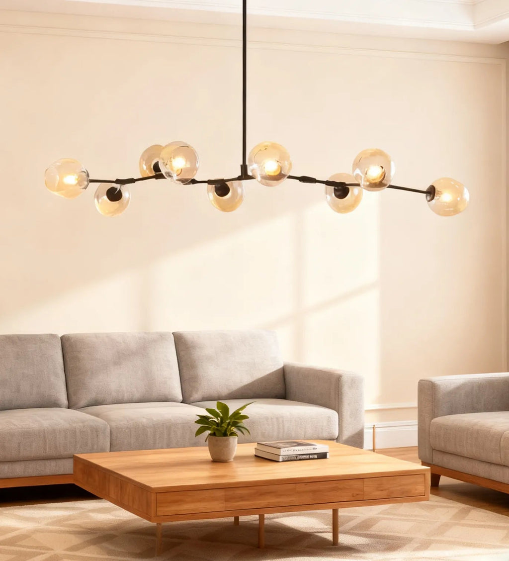Żyrandol ze szklanymi kloszami w kształcie rozgałęzionych baniek, w stylu mid-century, z regulowanymi ramionami, do salonu | boxzora