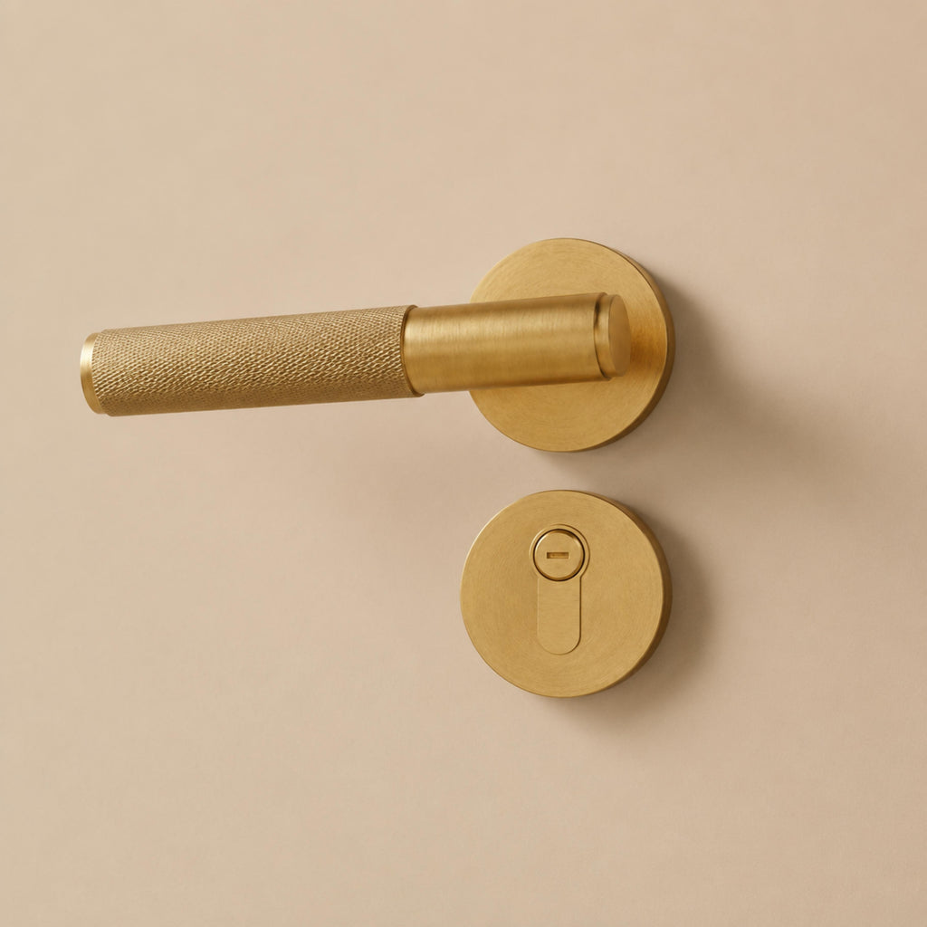 Modern Brass Door Handle — Knurled Grip, Square or Round Rosette, Smooth Cycle Hardware