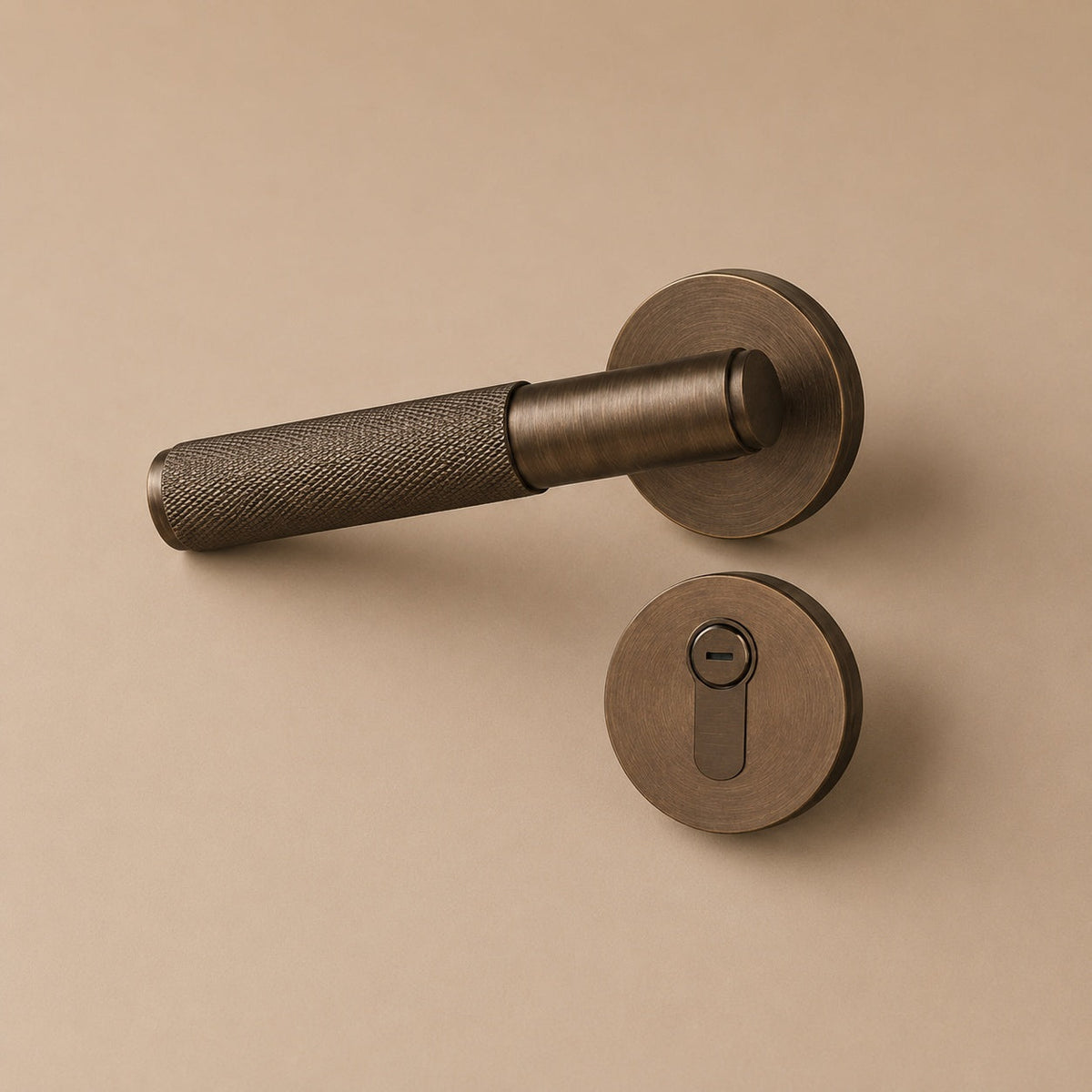 Modern Brass Door Handle — Knurled Grip, Square or Round Rosette, Smooth Cycle Hardware
