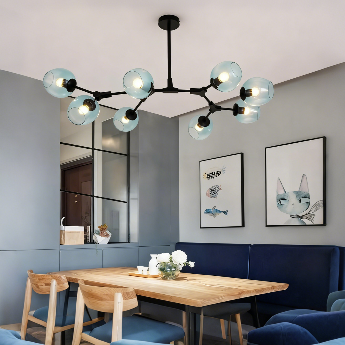 Candelabru Mid-Century din sticlă, cu ramificații și bule, pentru living, cu brațe reglabile | boxzora