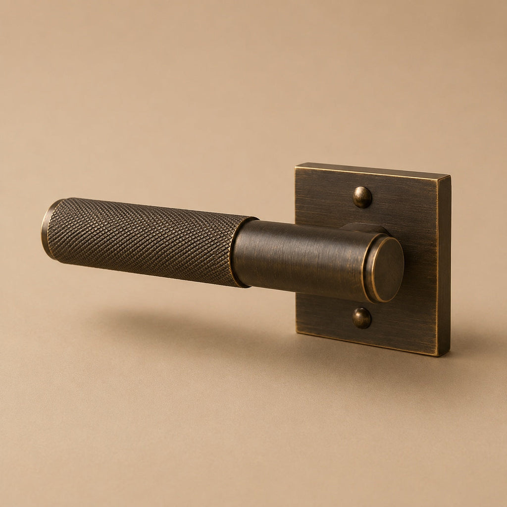 Modern Brass Door Handle — Knurled Grip, Square or Round Rosette, Smooth Cycle Hardware