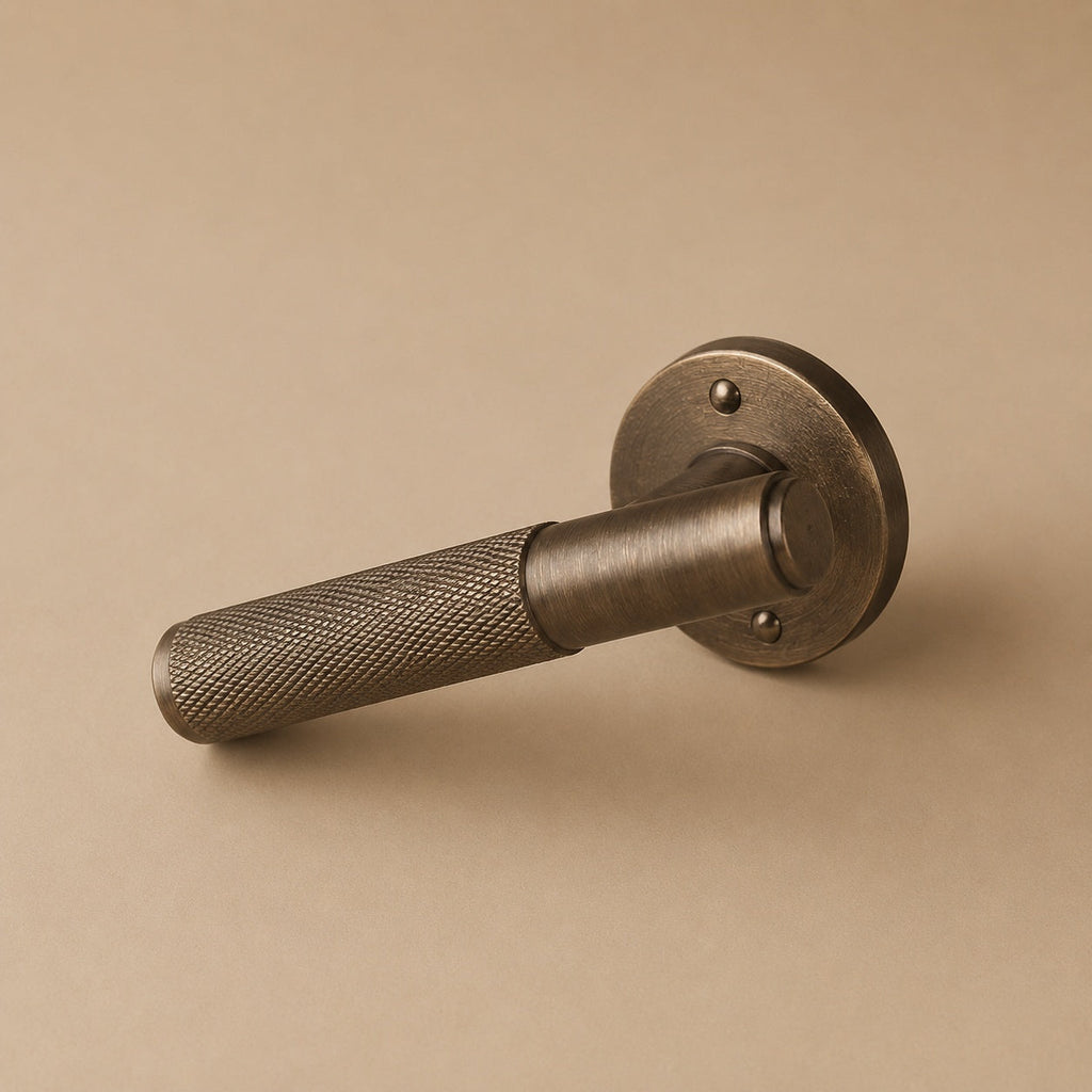 Modern Brass Door Handle — Knurled Grip, Square or Round Rosette, Smooth Cycle Hardware