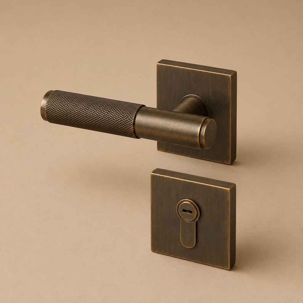 Modern Brass Door Handle — Knurled Grip, Square or Round Rosette, Smooth Cycle Hardware