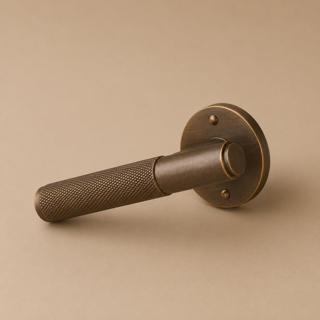 Modern Brass Door Handle — Knurled Grip, Square or Round Rosette, Smooth Cycle Hardware