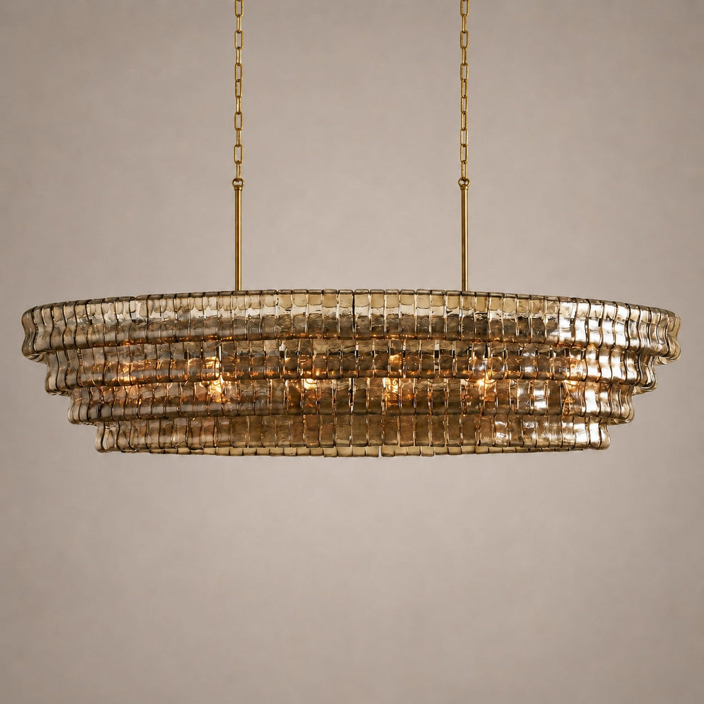 Modern oval takkrona — justerbar sänkhöjd, stålram och böjt glas, alternativ med 5 eller 12 glödlampor