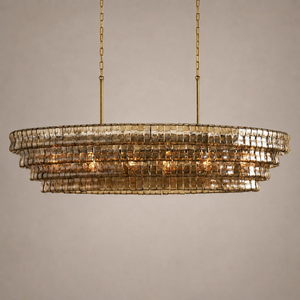 Modern oval takkrona — justerbar sänkhöjd, stålram och böjt glas, alternativ med 5 eller 12 glödlampor