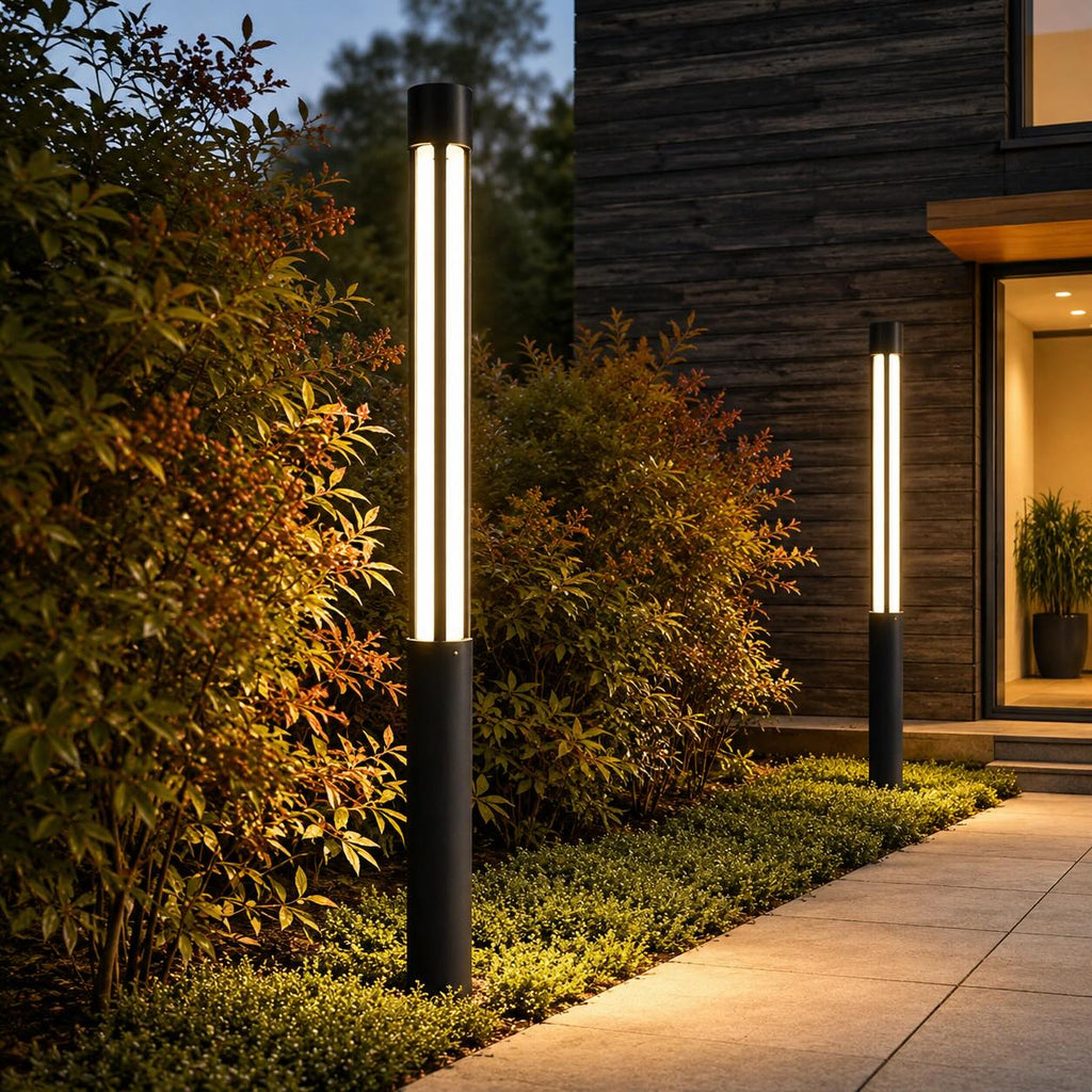 Moderne Aluminium-Pollerleuchte – Zylindrische Bodenmontage, Outdoor-LED, wasserdicht, 3000K warmweiß