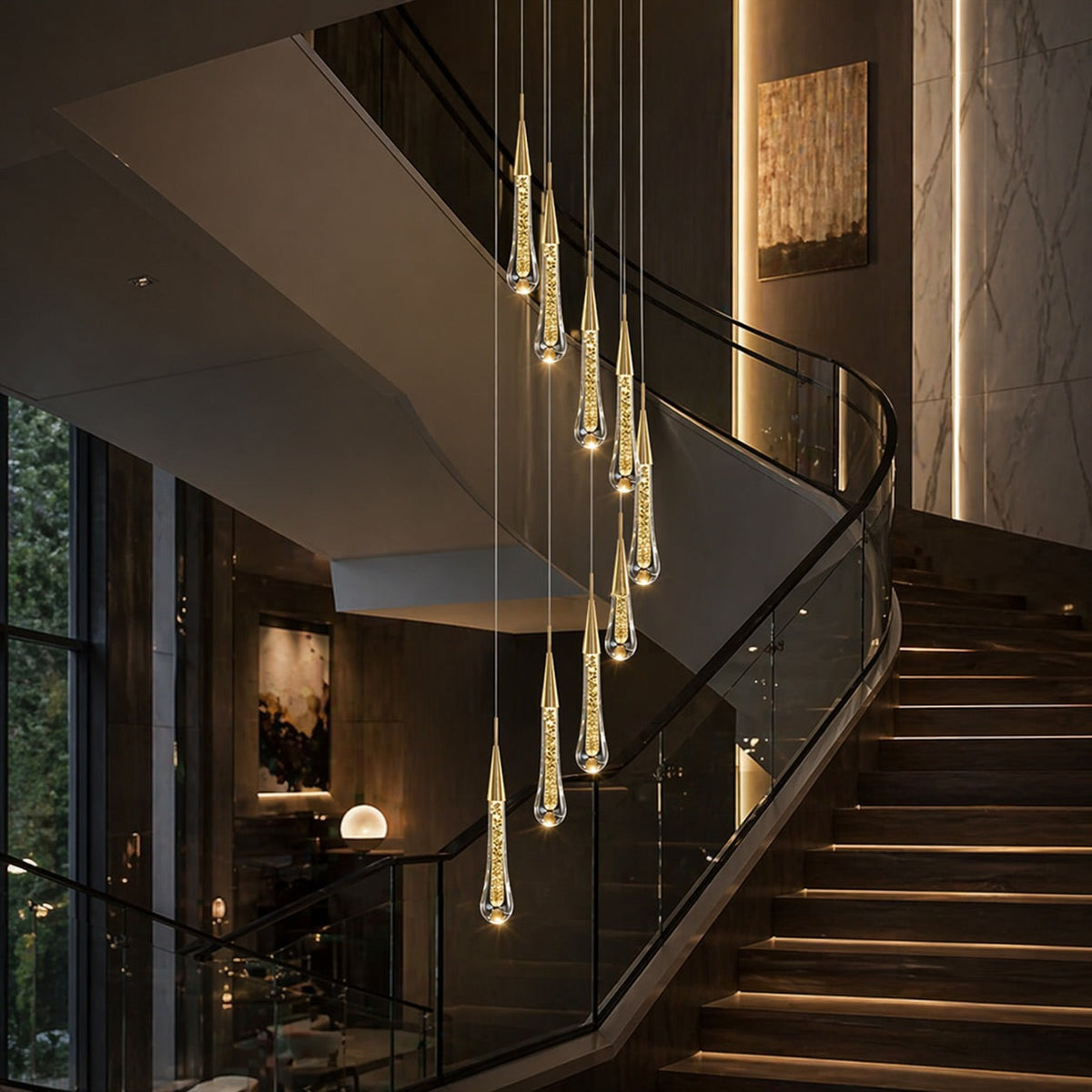 Moderne krystallkrone med pendellampe — langthengende LED-armatur i aluminium