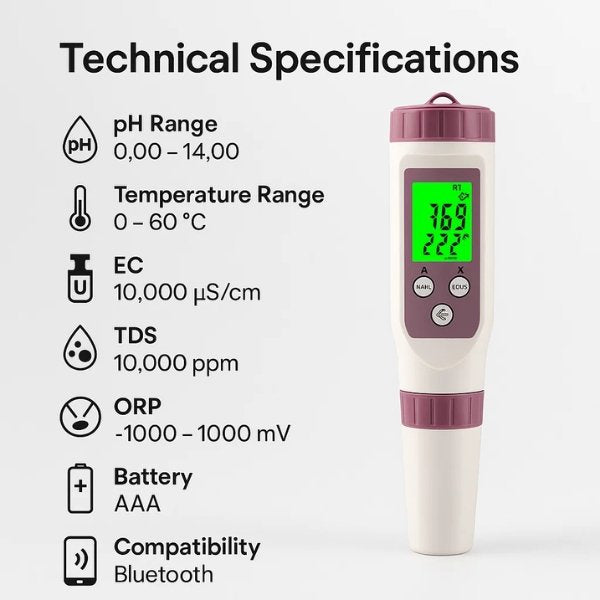 Digitální chytrý tester kvality vody 7 v 1 – měřič pH a chloru