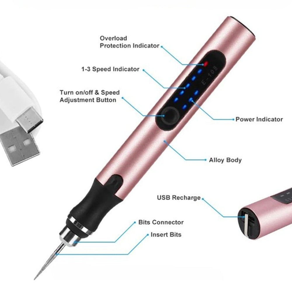 قلم نقش معدني قابل لإعادة الشحن عبر USB — سرعة قابلة للتعديل، تشغيل هادئ، نقش دقيق
