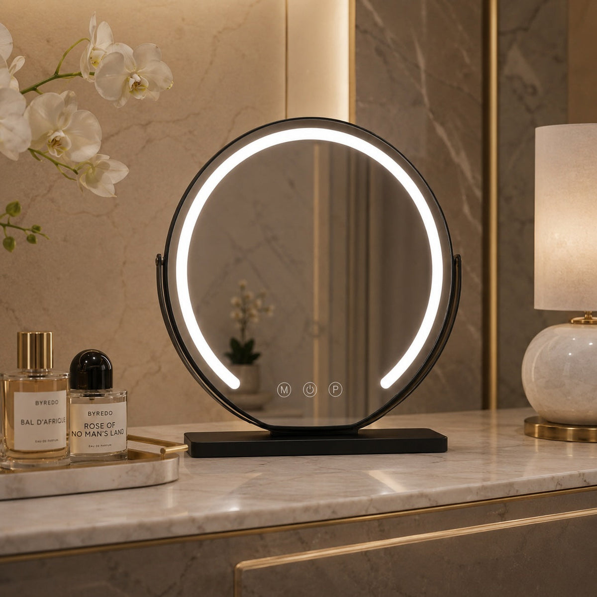Adjustable Tabletop Makeup Mirror — 15x Magnification, Energy Efficient LED Lighting
